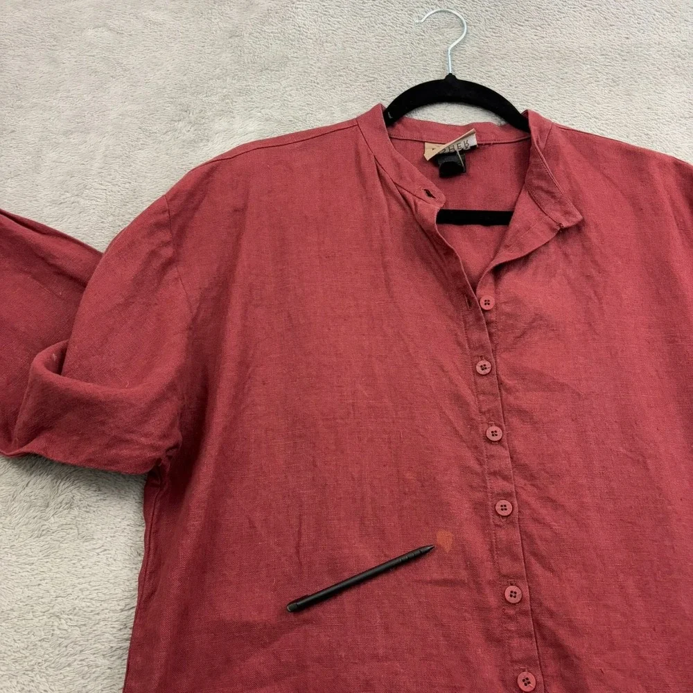 VTG Eileen Fisher Irish Linen Stand Collar Mandarin Shirt Womens‎ S Burnt Red